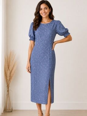 LOFT Blue Heart Print Puff Sleeve Midi Dress | Size 4 | Cottagecore